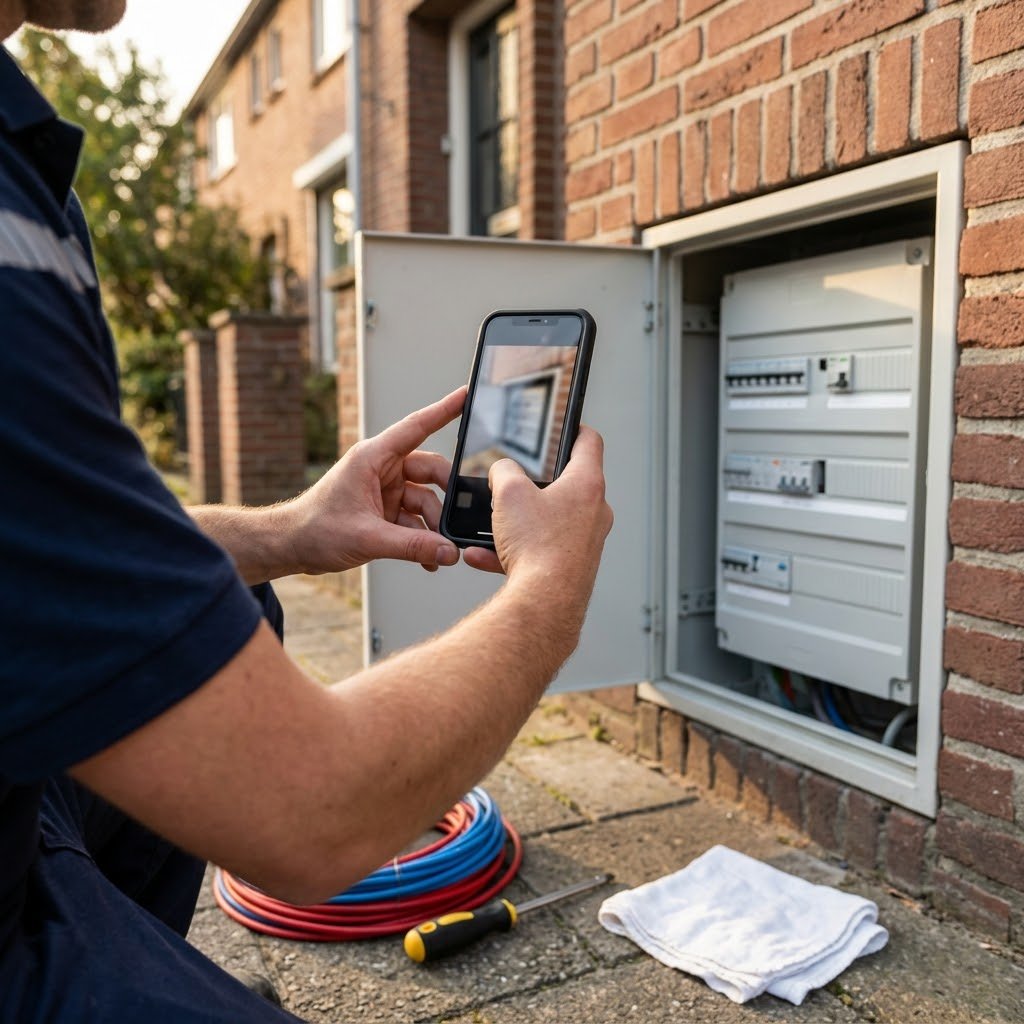 Elektricien-eigenaar met smartphone op klus-locatie, snapt een foto van zojuist vervangen groepenkast