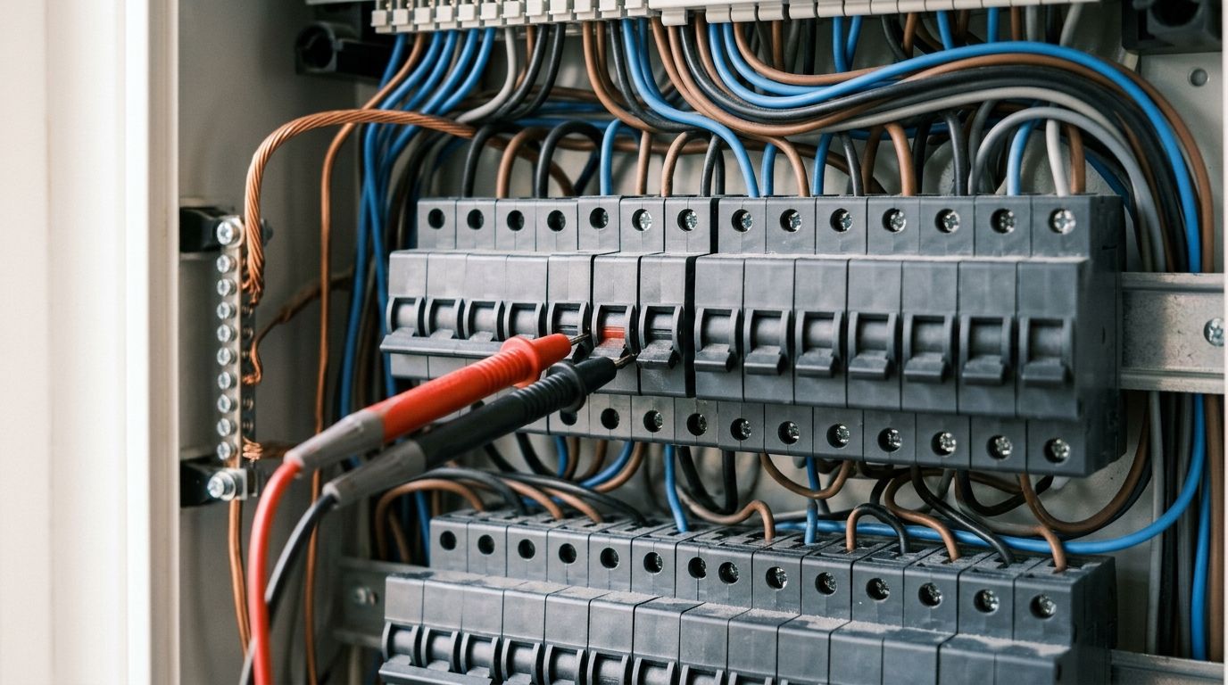 Elektricien controleert meterkast met smartphone met afspraak-overzicht in zijn hand