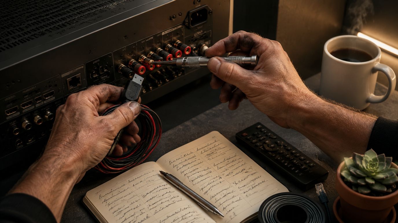 Elektricien-handen monteren AV-receiver in home theater inrichting