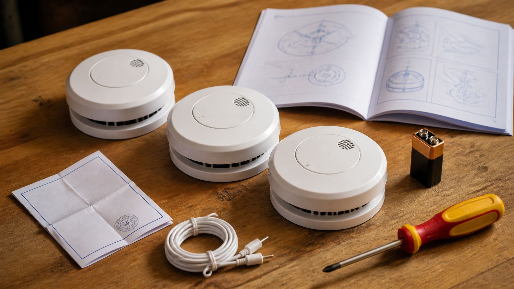 Werkbank van een Nederlandse elektricien met drie nieuwe witte rookmelders, een testbatterij, een installatie-handleiding van NEN 2555 en een schroevendraaier op een houten tafel in een schoon werkplaats