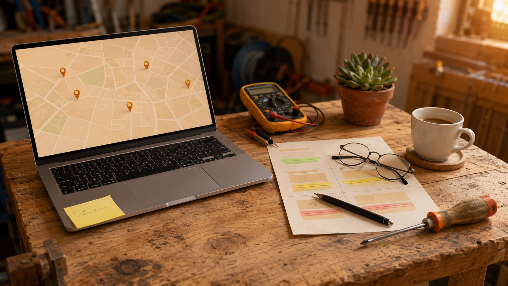 Werkbench-corner met laptop, multimeter en notebook voor lokale concurrentieanalyse elektricien