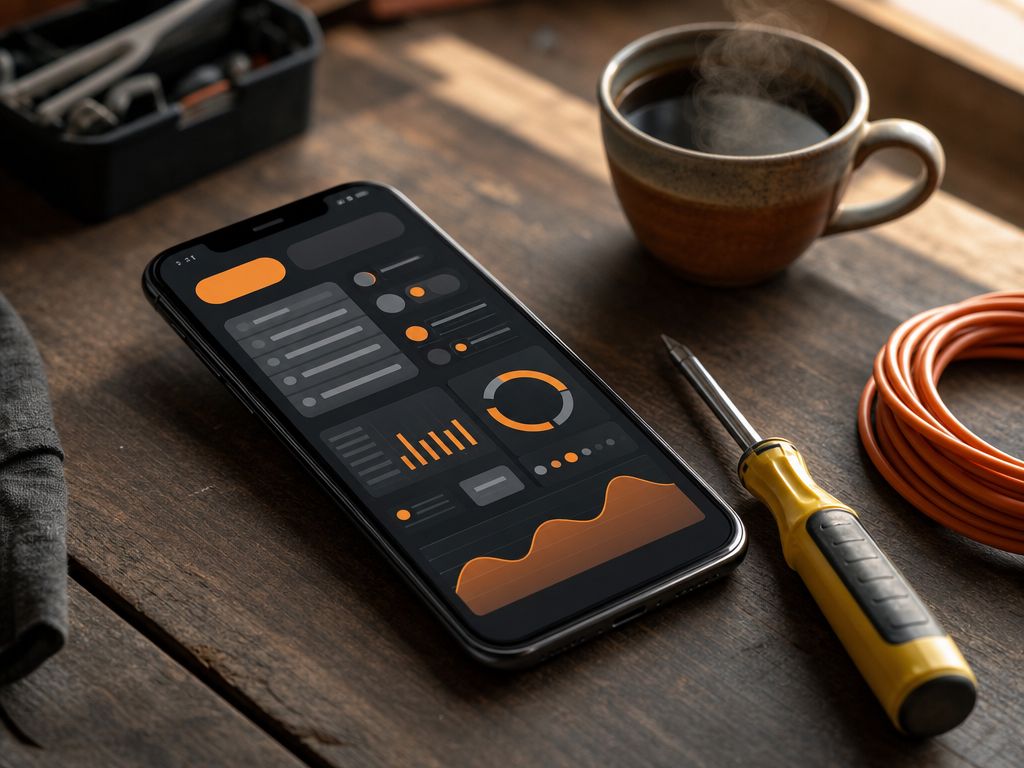 Smartphone op een schone werkbank met een klantkaart-app open (abstract dashboard zonder leesbare tekst), naast een schroevendraaier en een koffiekop, warm middag-licht