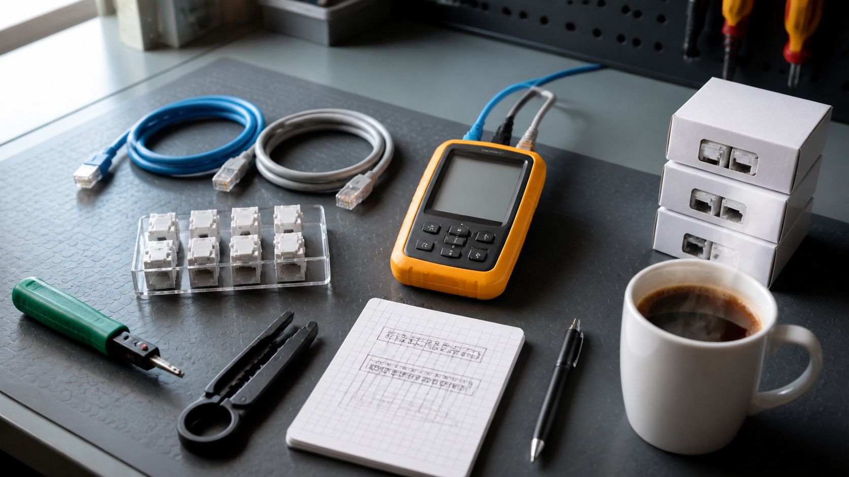 Werkbank van een elektricien met Cat 6A datakabel rollen, certifier-tool, RJ45 keystones, koffie