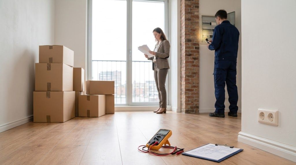 Elektricien met multimeter in handen tijdens een E-keuring in een Nederlandse woonkamer