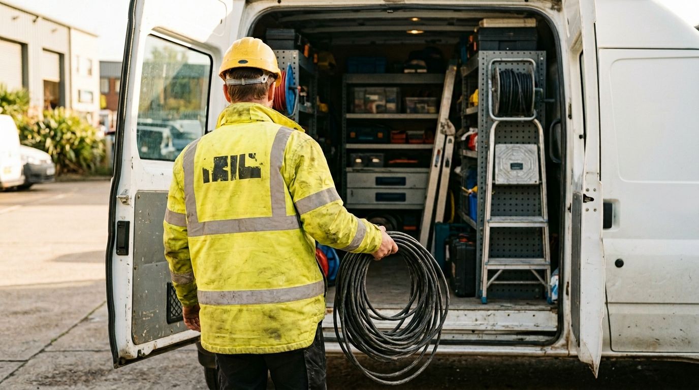 Witte bestelbus geparkeerd voor Nederlands rijtjeshuis met duidelijke belettering