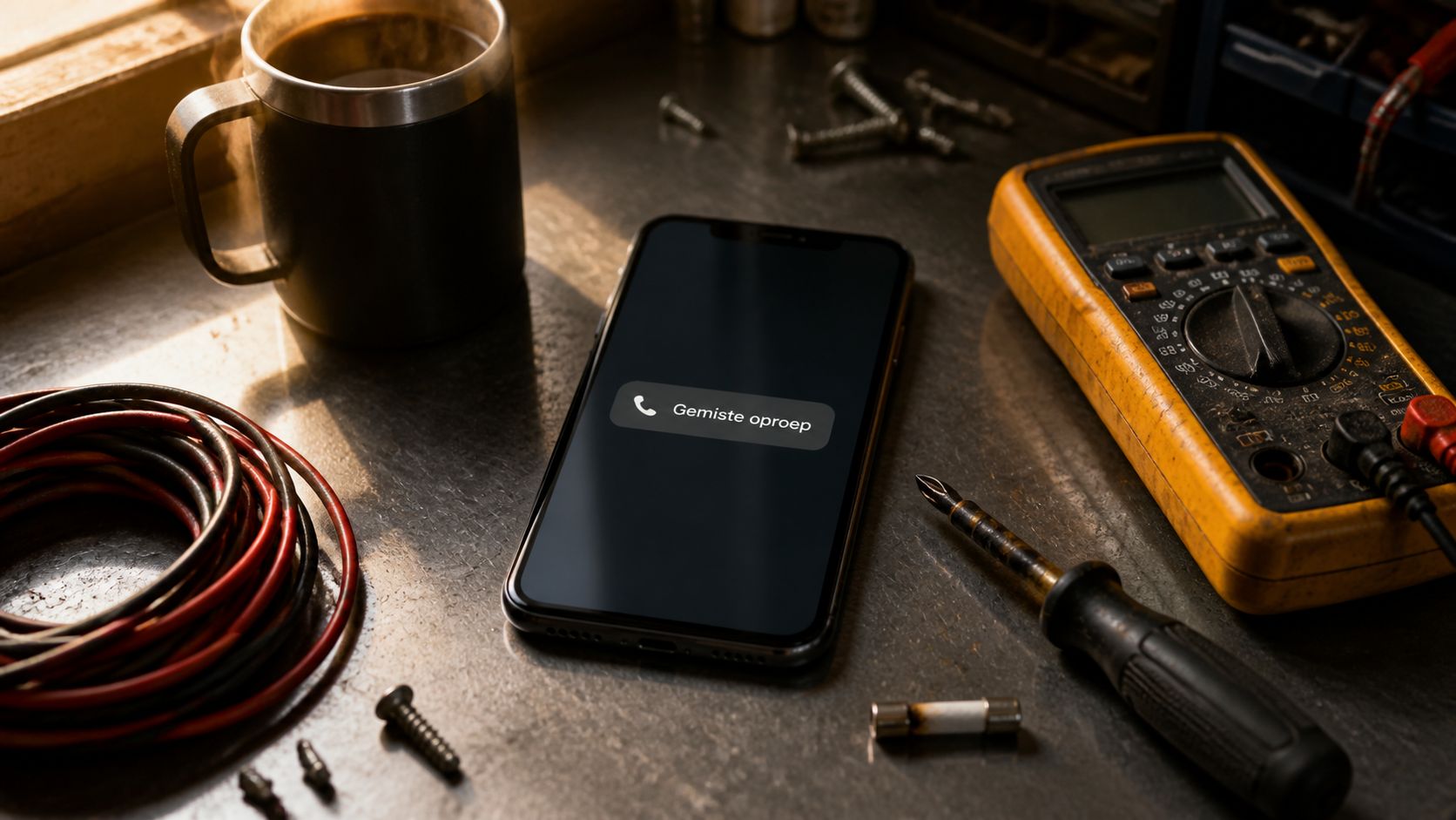 Werkbank van een elektricien met gereedschap, telefoon met gemiste-oproep notificatie, multimeter en doorgeslagen zekering