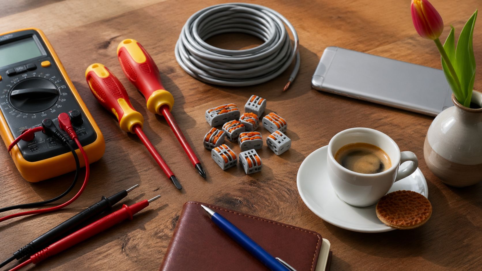 Elektricien werkbank close-up: multimeter, schroevendraaiers, installatieklemmen, smartphone, koffiebeker en notitieblok in werkplaatsverlichting
