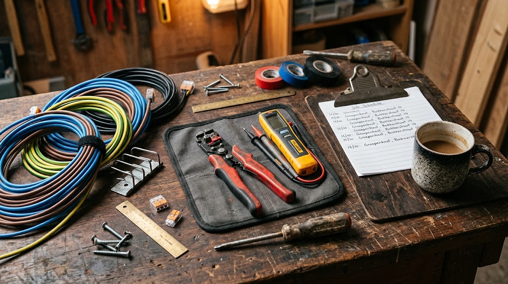 Elektriciensgereedschap en werkbon op een meterkast