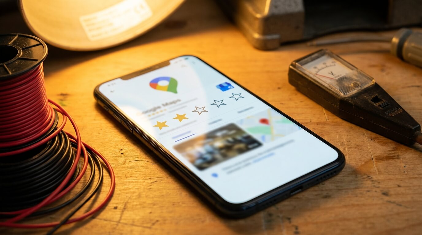 Smartphone met Google Maps bedrijfspagina op werkbank naast gereedschap