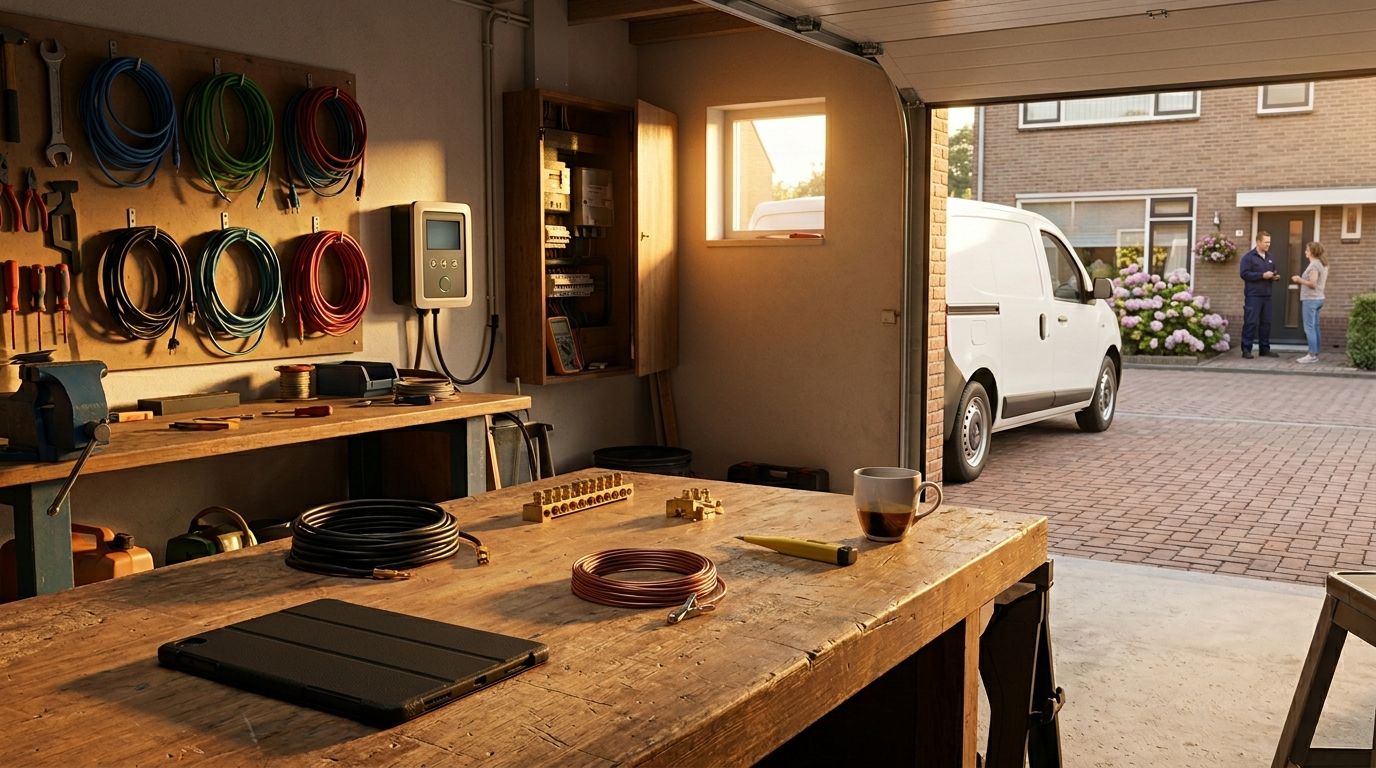 Werkbalie close-up: schroevendraaier set, een tablet face-up met een Google Bedrijfsprofiel services-pagina (geblurde tekst) en een kop koffie op een houten werkbank in een werkplaats, late ochtendzon