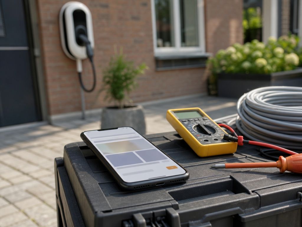 Close-up van een smartphone op de open deksel van een gereedschapskoffer op een oprit, met op het scherm een Google Bedrijfsprofiel-post in bewerking (geblurde tekst), naast een gele multimeter en een rol installatiekabel in ochtendlicht
