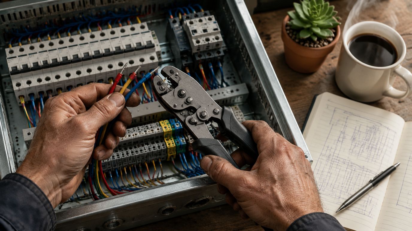 Industriele schakelkast in elektricien-werkplaats met meetinstrument en bedrading