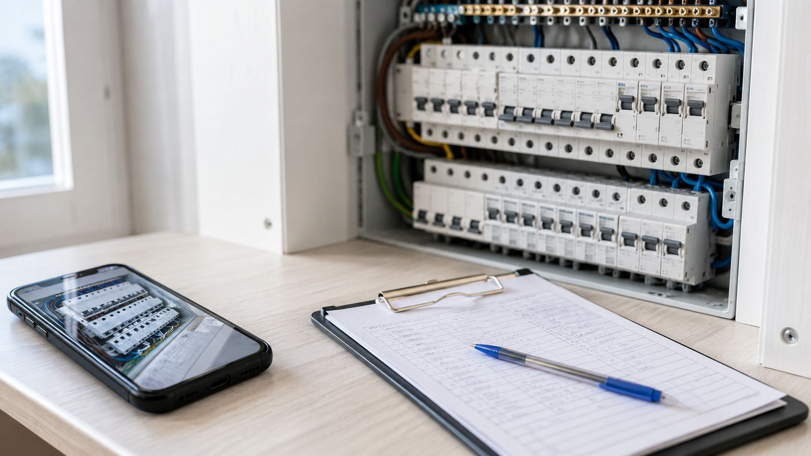 Verdeelkast van een elektricien in een meterkast met een smartphone die de net afgemonteerde groepen fotografeert, notitieblok en pen op de meterkastplank