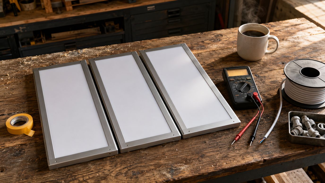 Rij LED-armaturen op een werkbank met technische specificatie-boekje en multimeter