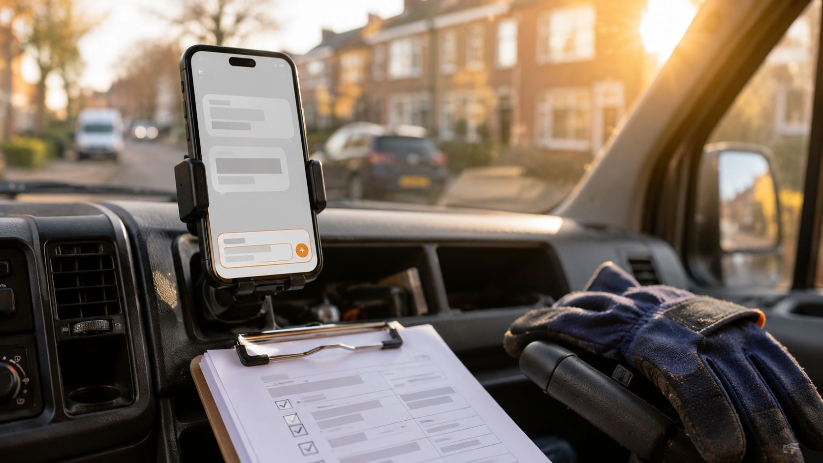 Smartphone op de werkbank van een elektricien met de eerste twee nazorg-berichten zichtbaar in een appgesprek