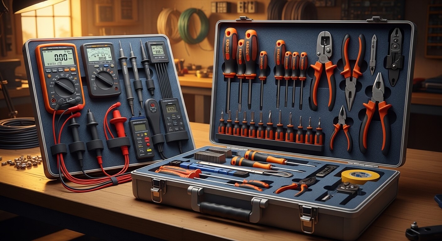 Elektricien gereedschap in een georganiseerde koffer