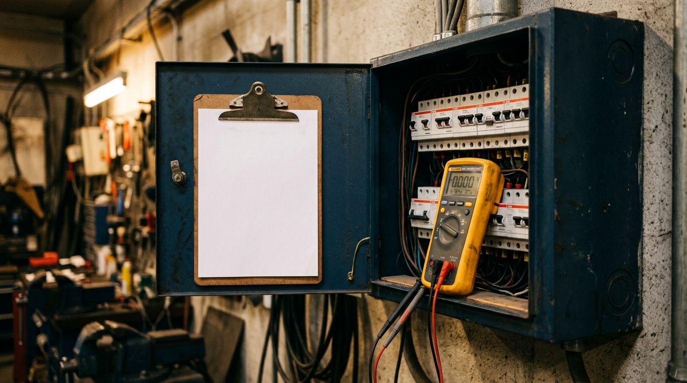 Elektricien controleert meterkast met multimeter, stroomkabels geordend gepakt, klembord met checklist op meterkast ernaast
