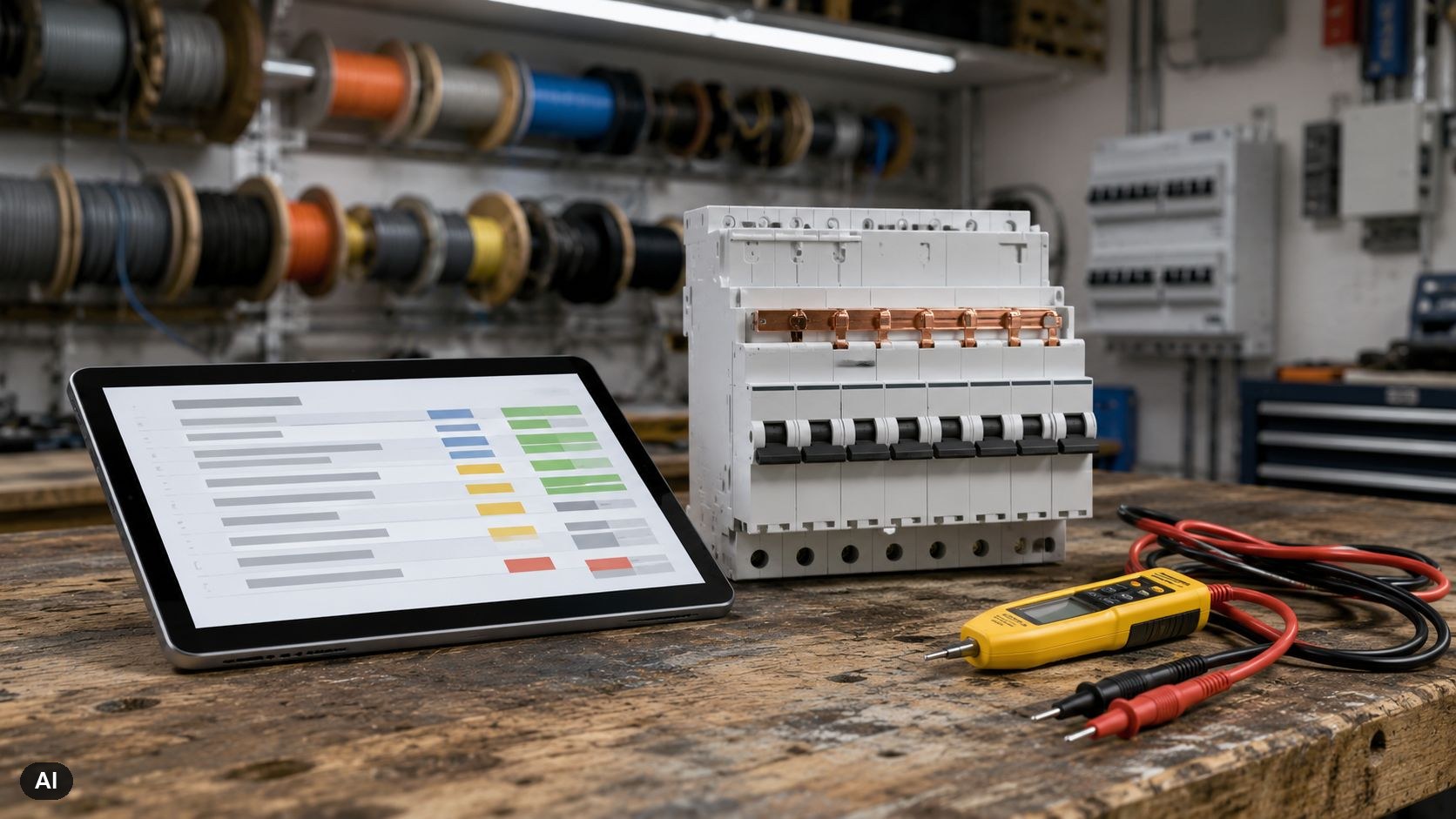Tablet met een prijslijst op een werkbank naast een groepenkastonderdeel en een gele spanningstester
