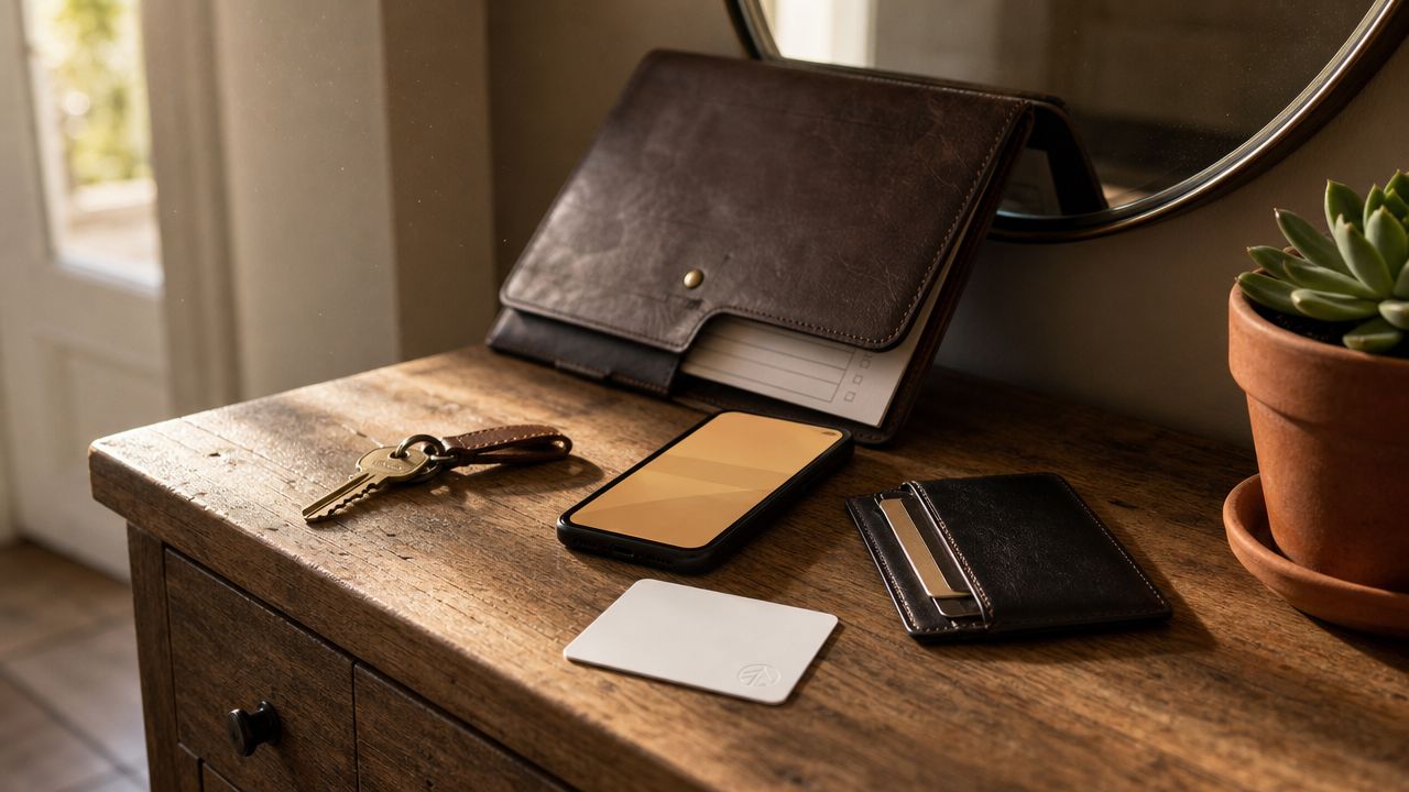 NFC review-kaart, smartphone, leren portemonnee en huissleutel op een houten gang-side-table, ochtendzonlicht