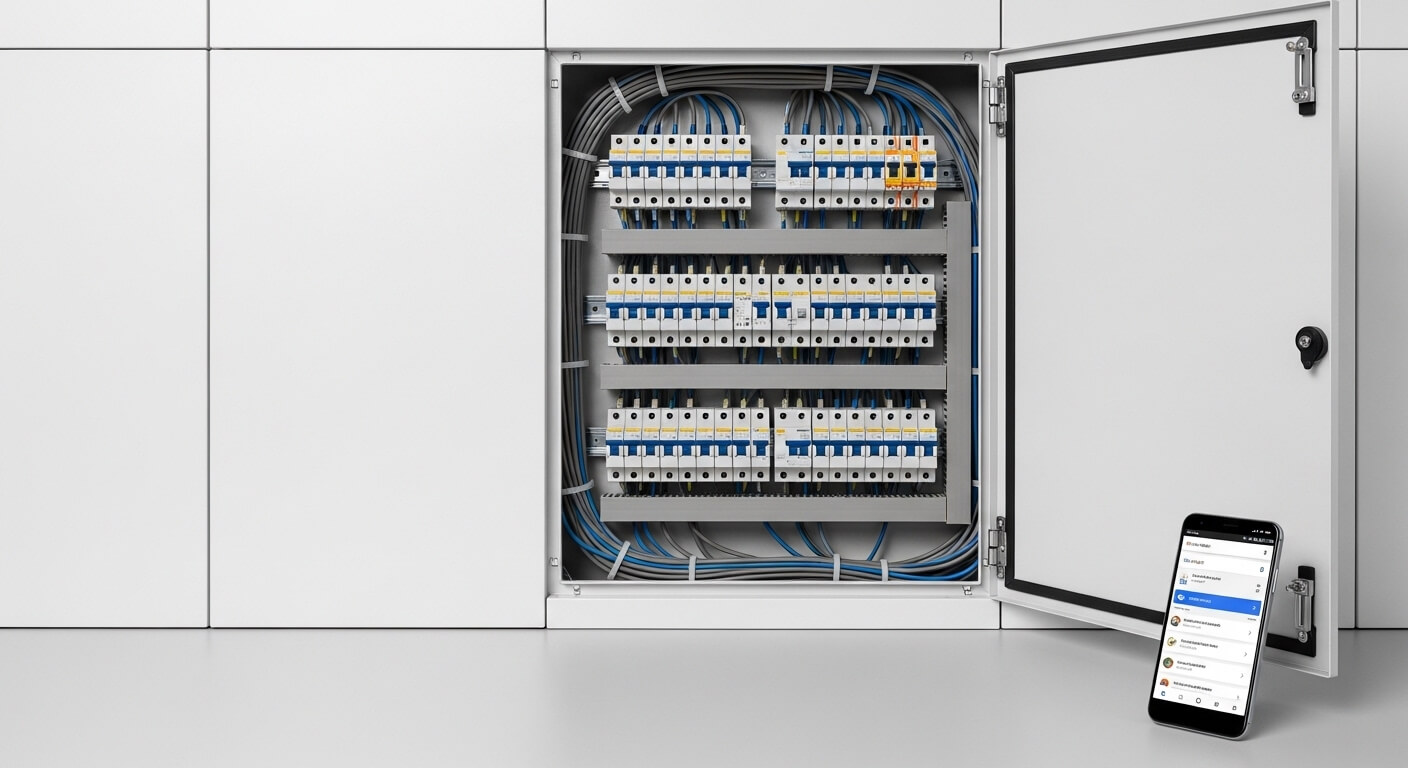 Meterkast met smartphone ernaast die Google resultaten toont