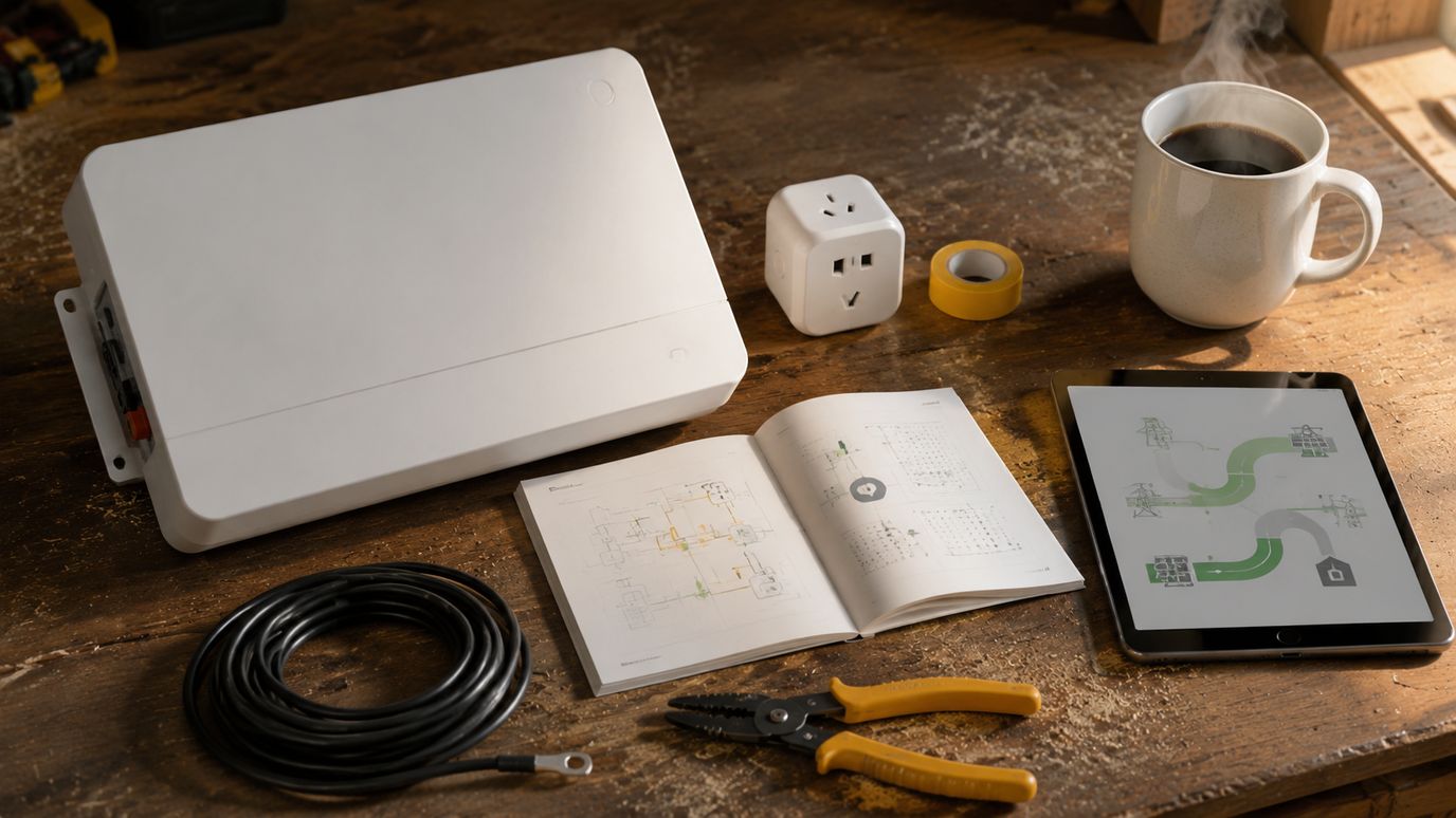 Werkbank met thuisbatterij-onderdelen, slimme stekker, omvormer-handboek en een tablet met verbruiks-grafiek