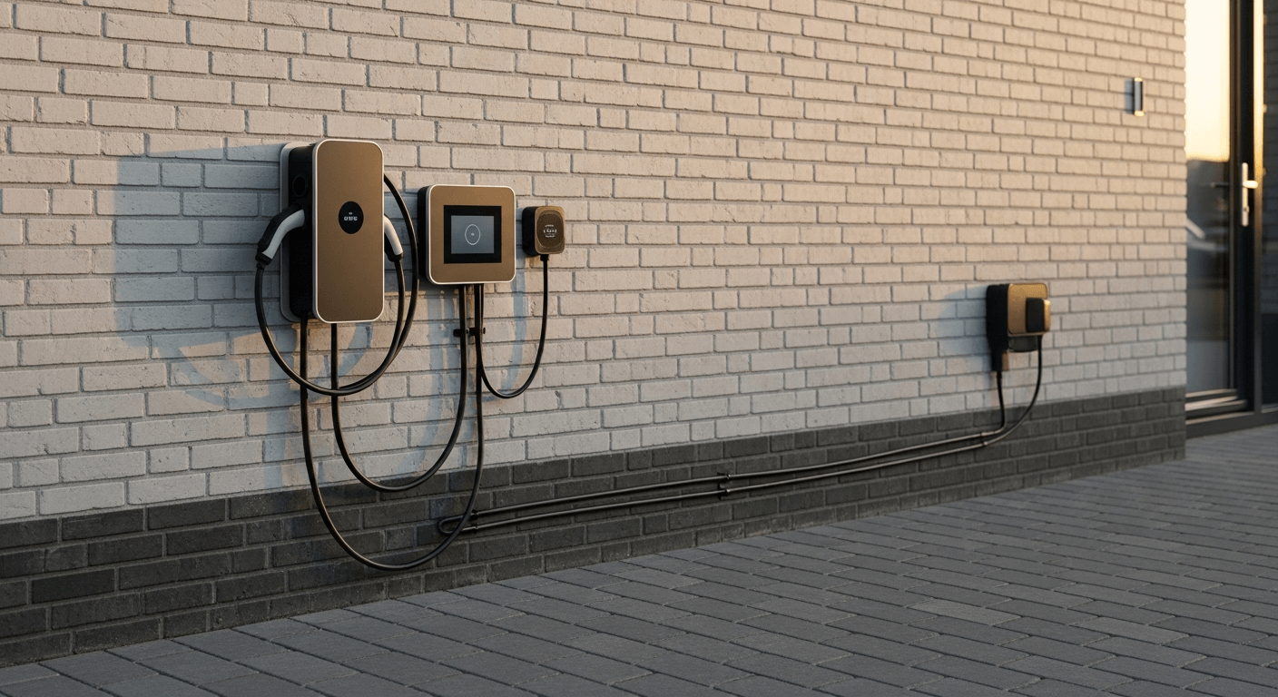 Laadstation en smart home paneel naast elkaar op moderne Nederlandse gevel