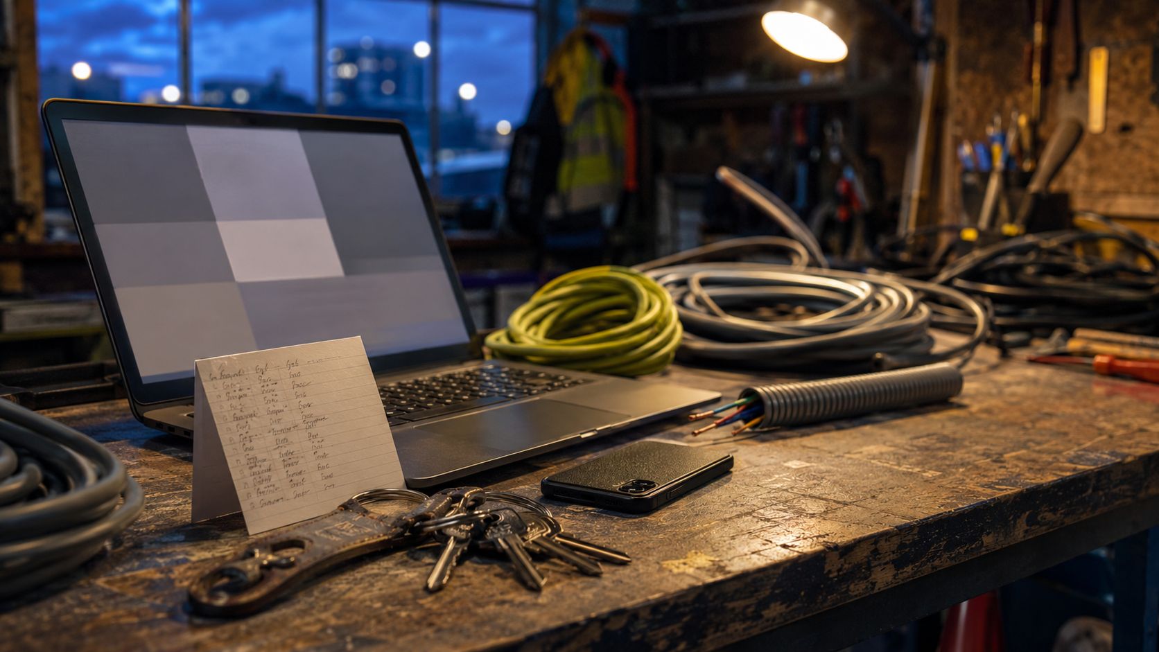 Werkbank in een loods op een avond: een openstaande laptop, een handgeschreven kaartje met openingstijden, een telefoon met het scherm omlaag en een bos bussleutels