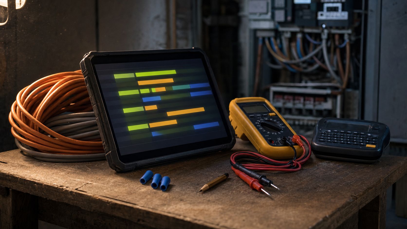 Tablet met een overzichtelijke weekplanning op een werkbank naast een multimeter en kabelhaspel in een meterkast