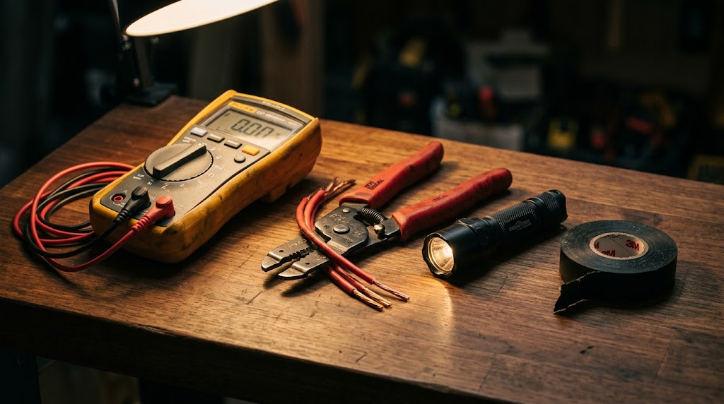 Elektricien gereedschap en meetapparatuur klaar voor spoedklus