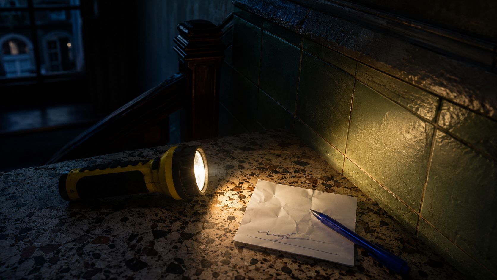 Werklamp en een ondertekende servicebon op een terrazzo richel in een donker trappenhuis