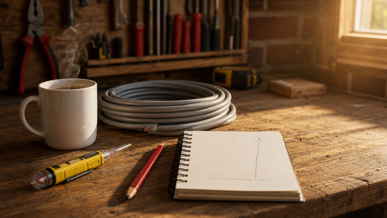 Werkbank van een elektricien in een rustige werkplaats met multimeter, kabelhaspel en een agenda met lege weken