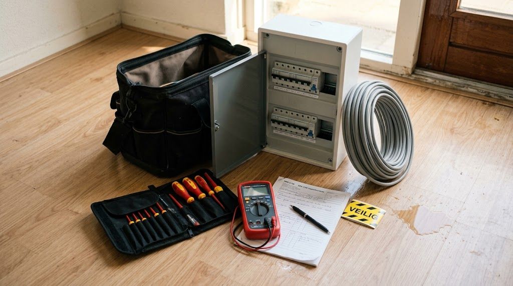 Elektricien met meter en gereedschap bij waterschade-groepenkast voor verzekering-inspectie