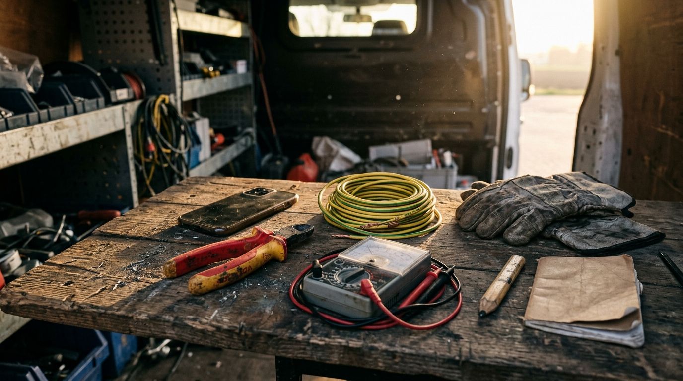 Werkbank van een Nederlandse elektricien met smartphone, multimeter en gereedschap in warm avondlicht