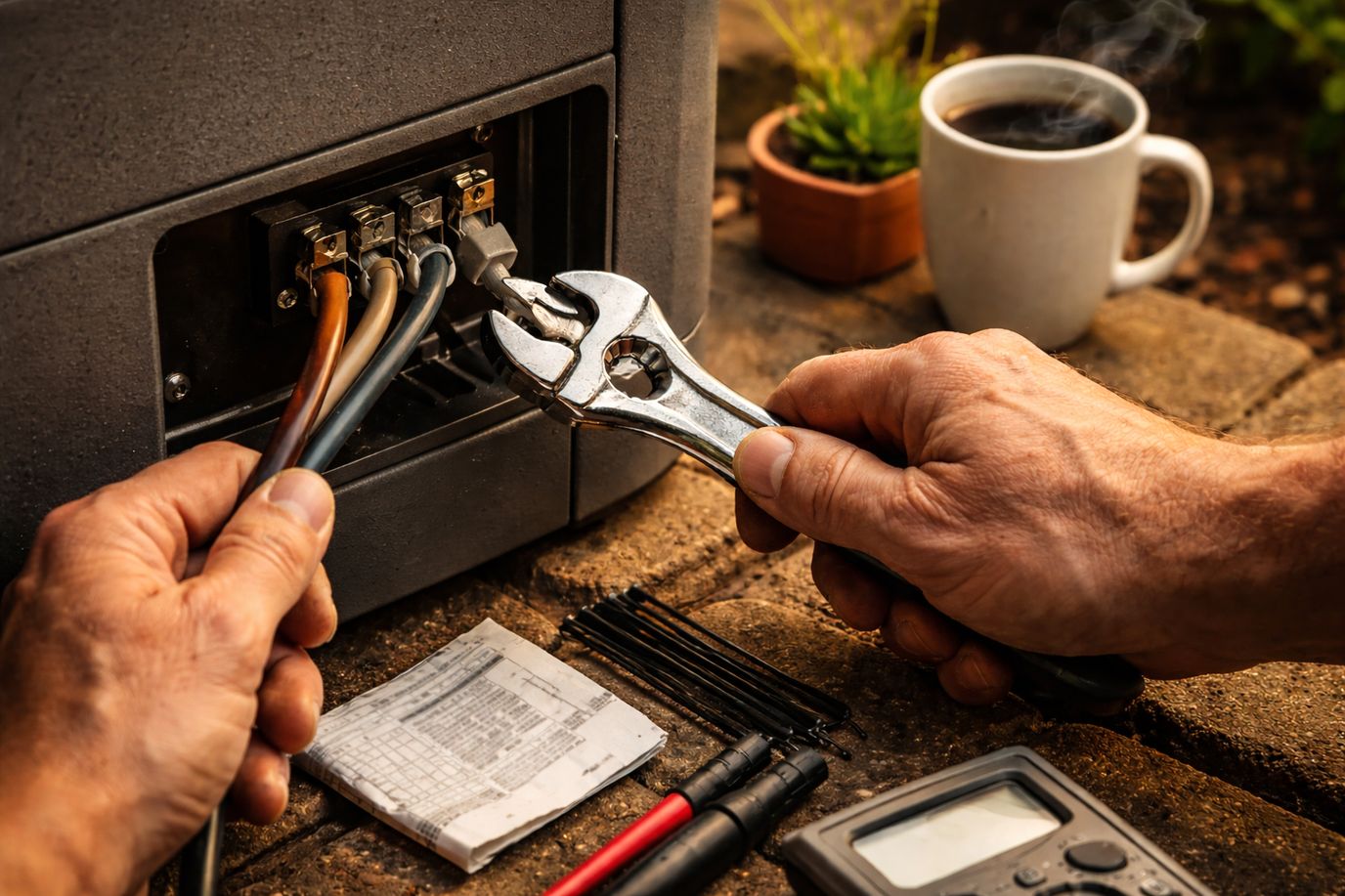 Elektricien-handen monteren warmtepomp-buitendeel met meetinstrumenten