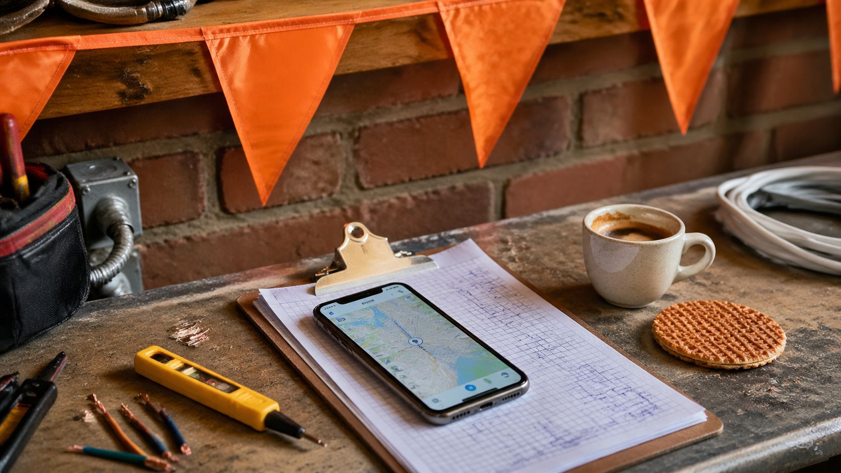 Smartphone op een werkbank met afspraak-overzicht naast oranje Koningsdag-decoratie, gereedschap en een stroopwafel