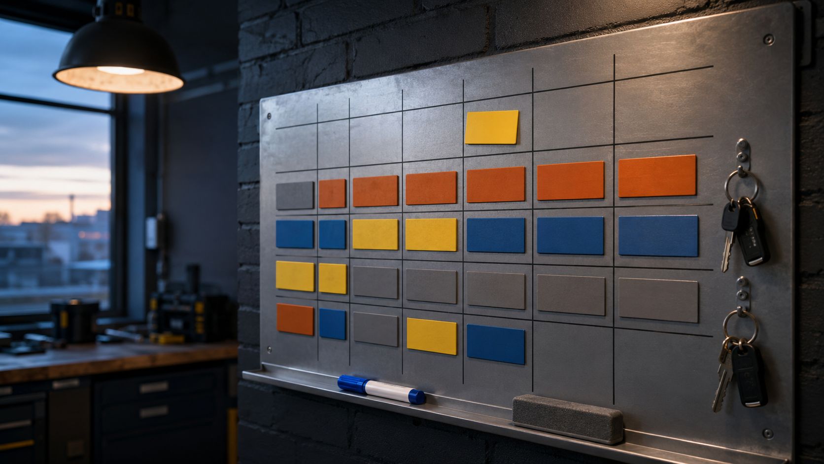 Planbord met magneten en werkbonnen op een werkplaatsmuur bij een elektricien