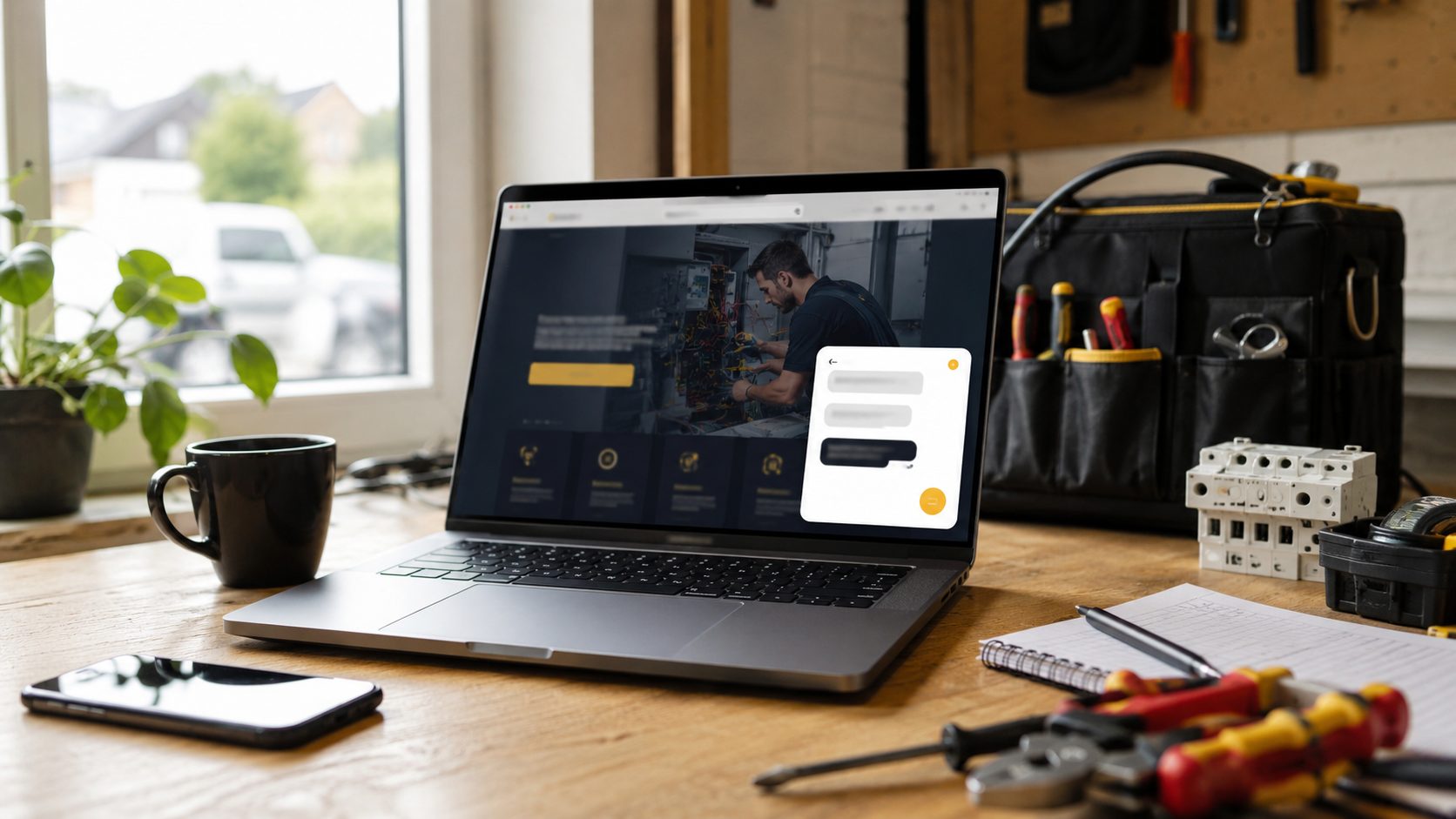 Laptop met chatbot widget voor elektricien website