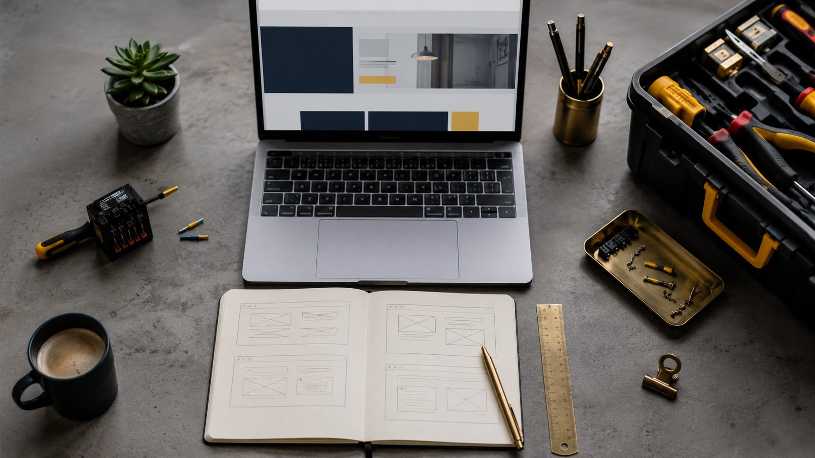 Top-down flat-lay van elektricien website ontwerpproces met wireframe schetsen