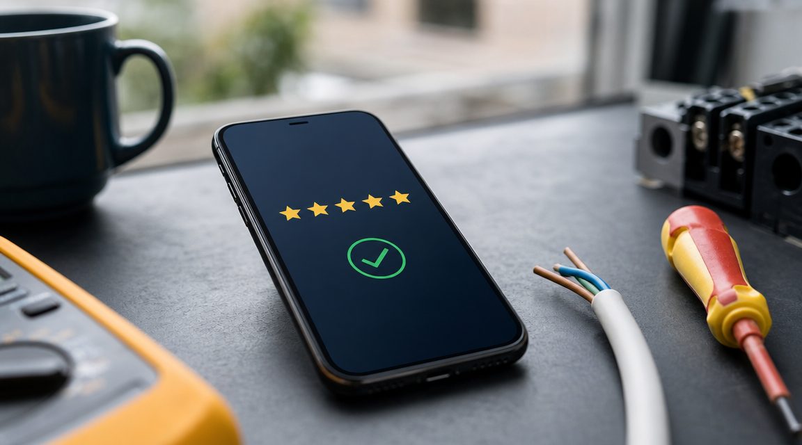 5-sterren review op smartphone — Google review na elektricien klus
