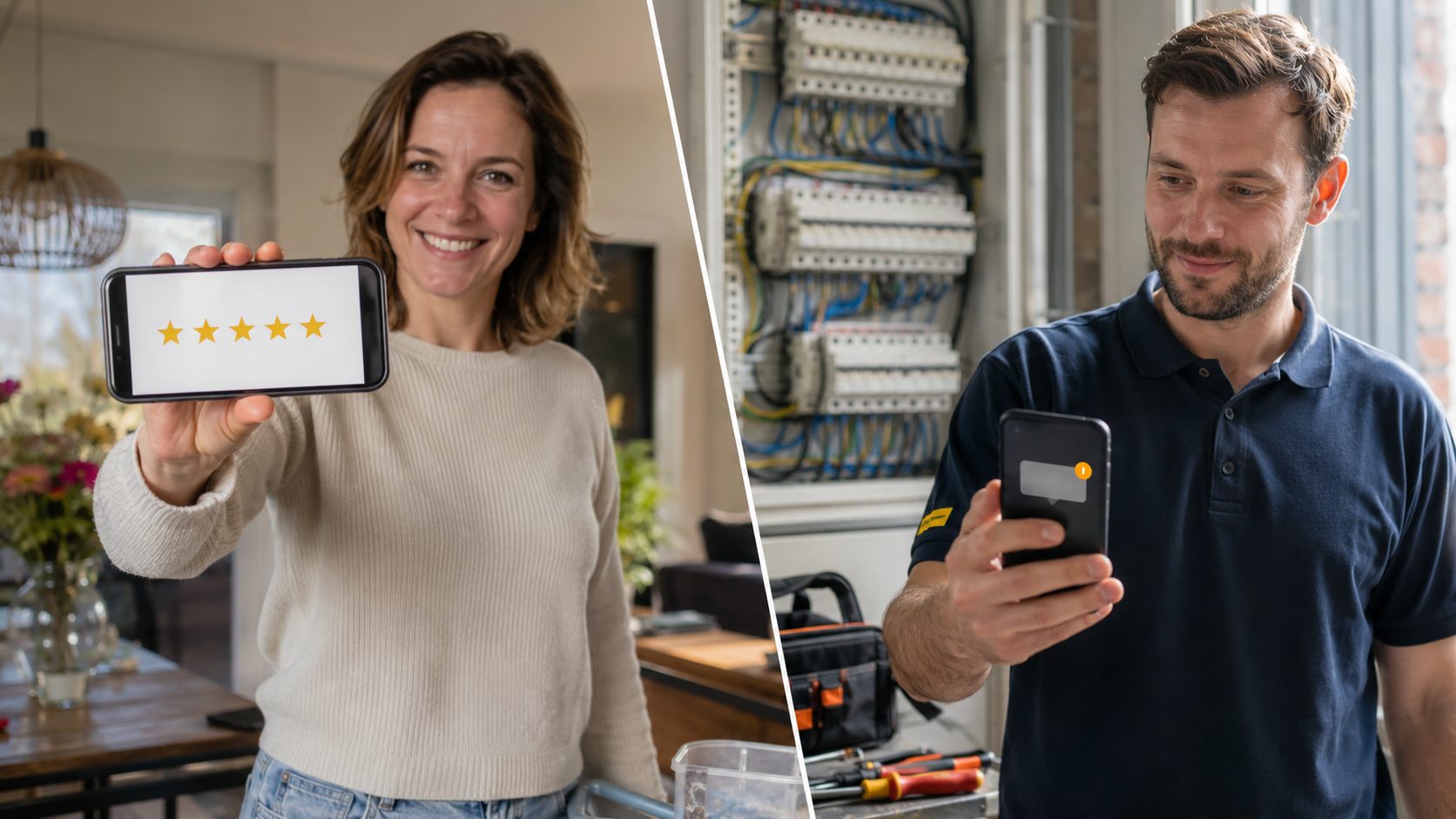Klant geeft 5-sterren review, elektricien ontvangt notificatie