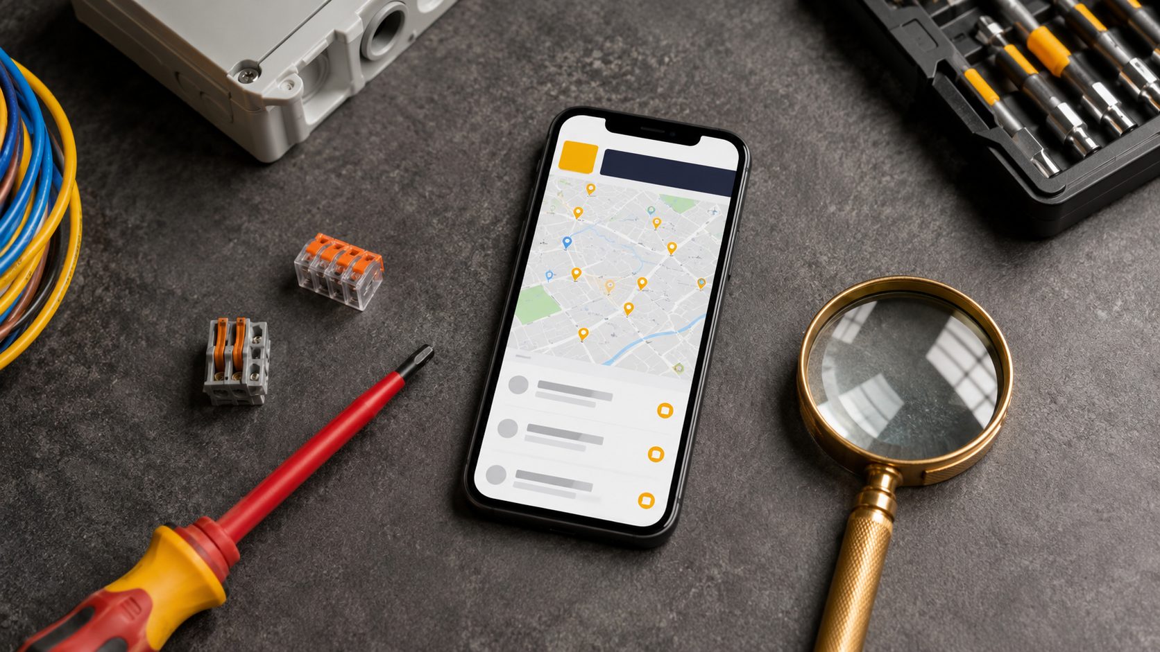 Elektricien wordt online gevonden: telefoon met kaart en nieuwe aanvragen