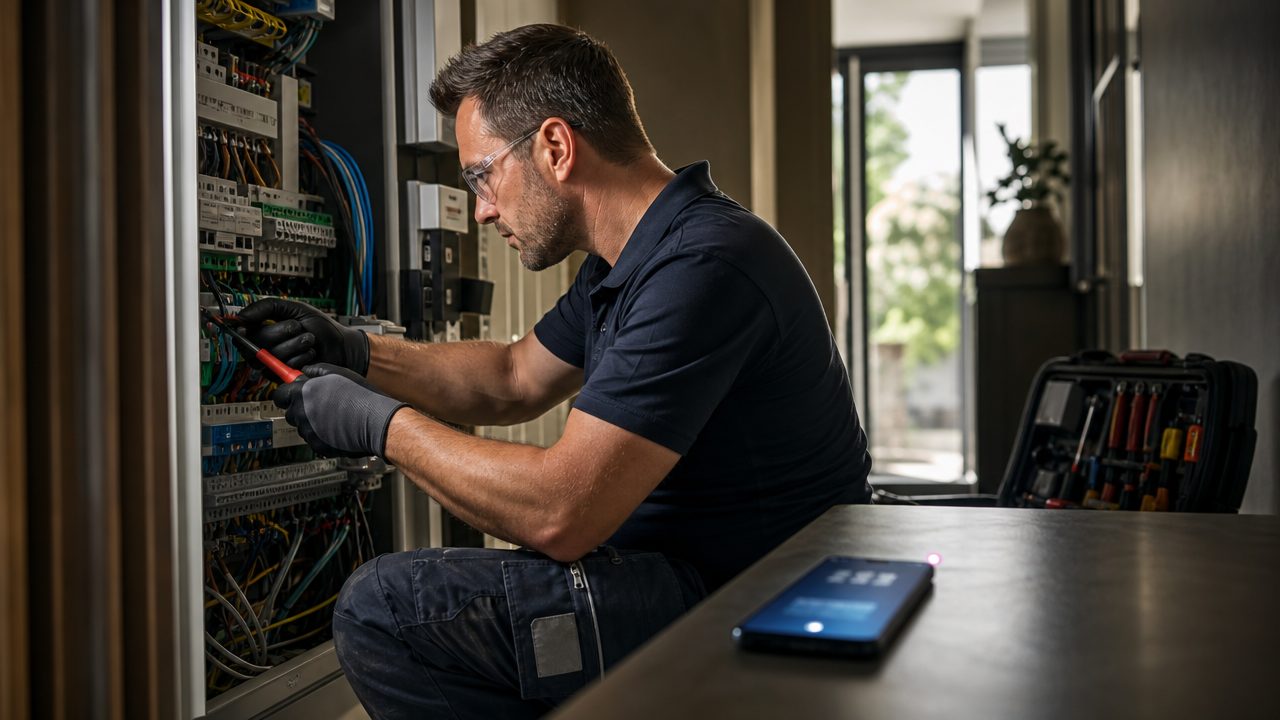 Elektricien werkt terwijl Voice AI binnenkomende oproep beantwoordt